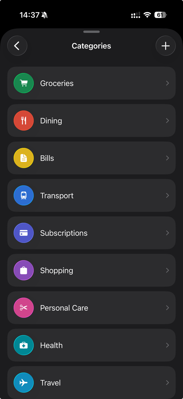 Spenso category list with colorful spending categories.