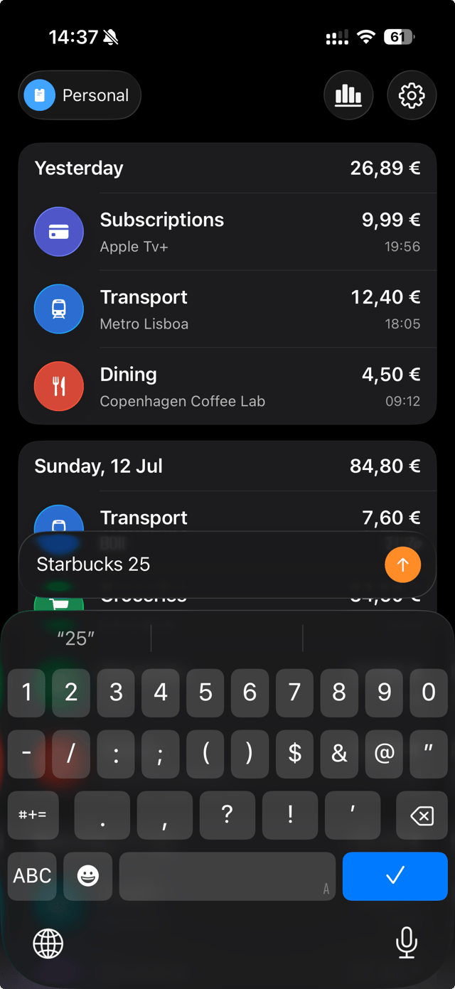 Spenso expense entry field with Starbucks 25 ready to send.