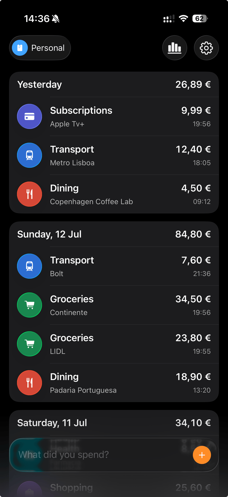 Spenso daily expense feed with spending organized by date and category.